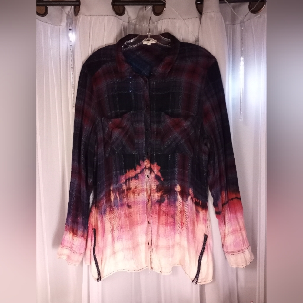 Plaid Upcycled Flannel Shirt w/ Bleach Distressing and Zipper Detail